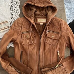 Michael Kors Tan Leather Hooded Jacket